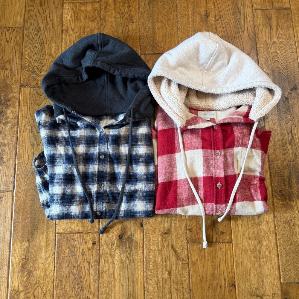Lot of 2 American Eagle Plaid Oversized Flannel Hoodie Button Up Shirt Sz XS/S